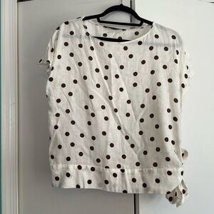 Zara Basic Polka Dot Side Tie Linen Blend Top Cream Brown XS